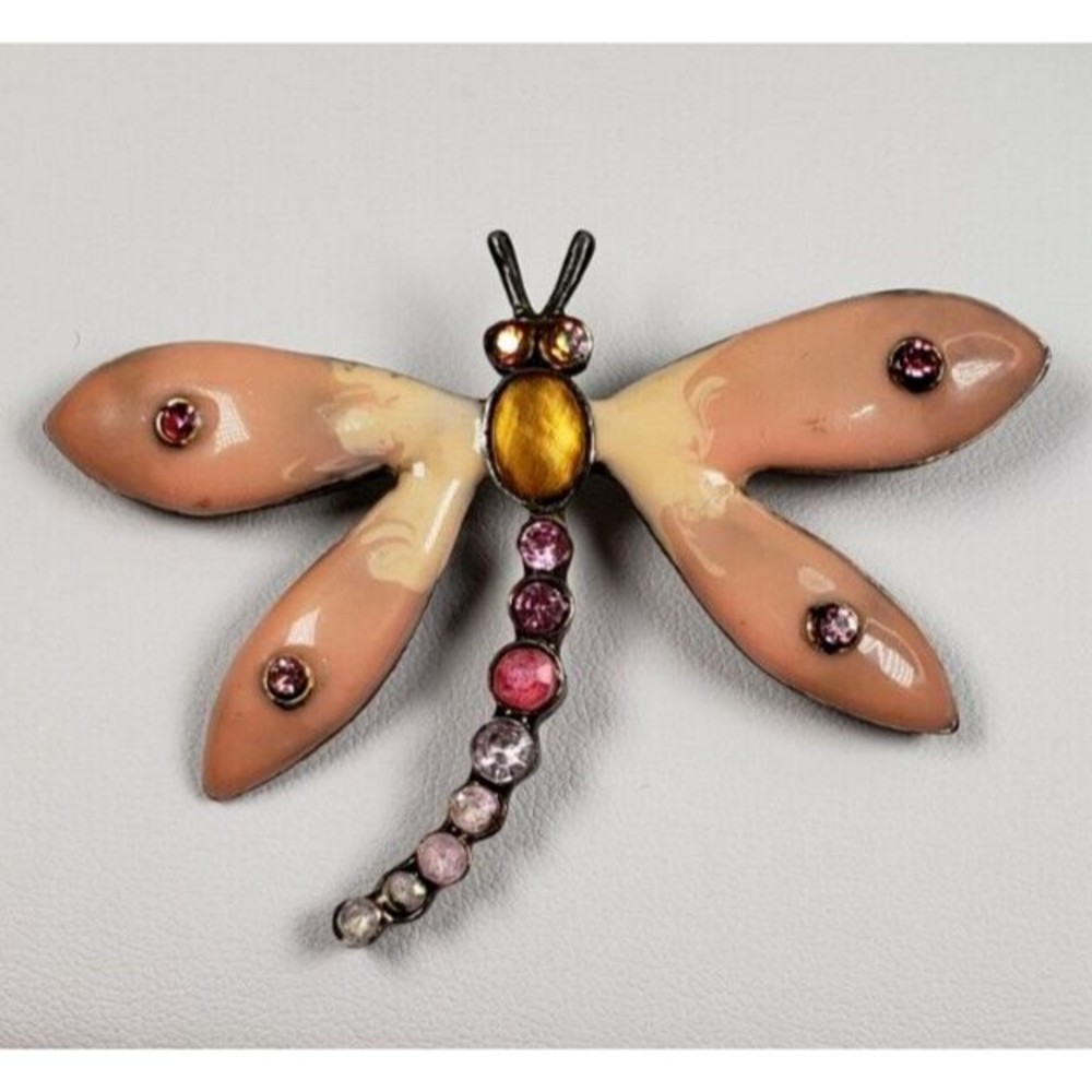 Vintage 1990's Enamel & Multi Crystal Nature's Treasure Dragonfly Brooch